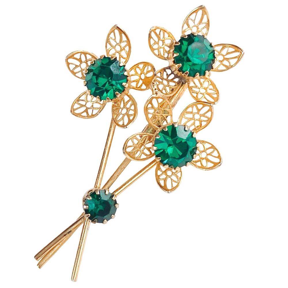 VTG Mid Century Gold Tone Filigree Green Rhinestone Floral Bouquet Brooch 1950s